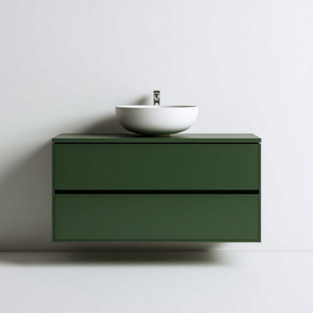 Mobile Bagno Sospeso con Due Cassetti in Pannello di Particelle e Lavabo da Appoggio in Ceramica