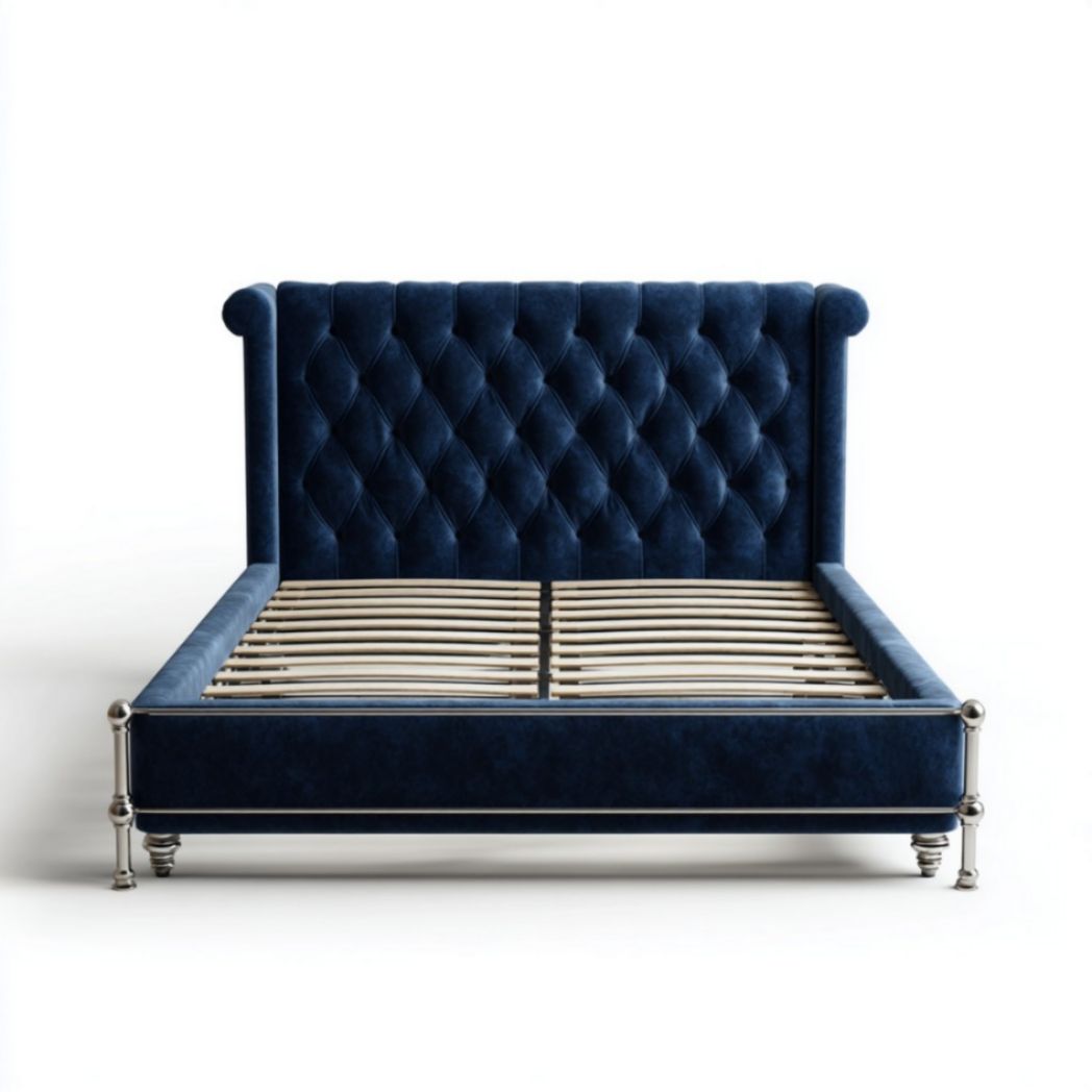 Letto matrimoniale in tessuto blu con testata capitonné e piedi metallici