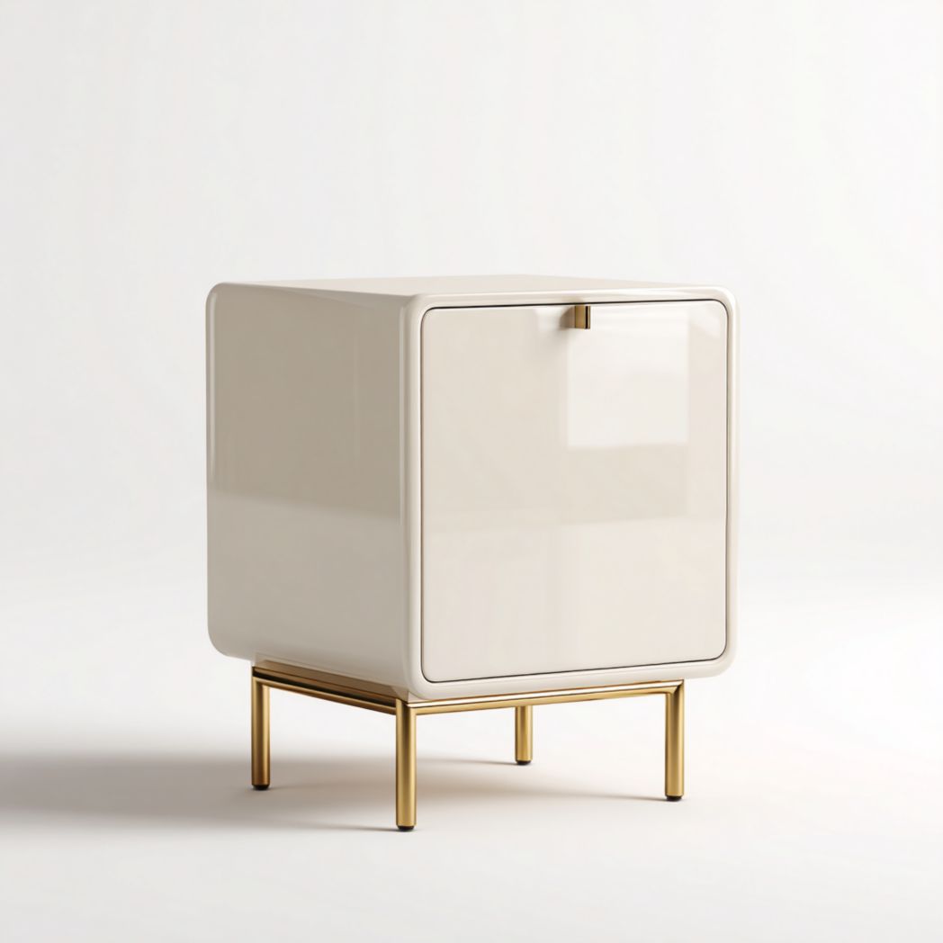 Comodino ad anta singola in acciaio legato color crema con base dorata 40x40x45 cm